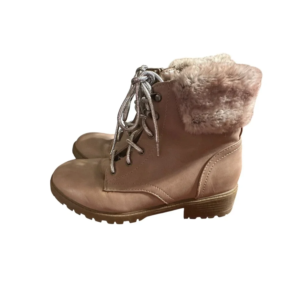 Kids Faux Fur Collar Combat Boots Lace Up Zip Closure‎ Light Pink Casual